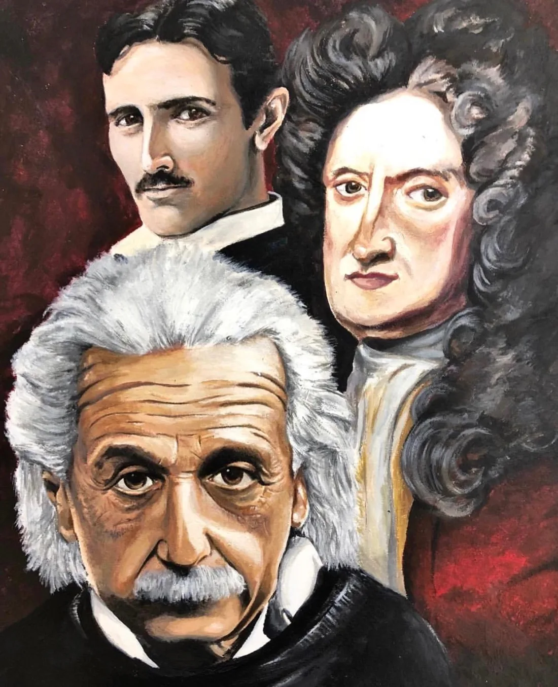 Painting of Einstein, Newton, and Tesla