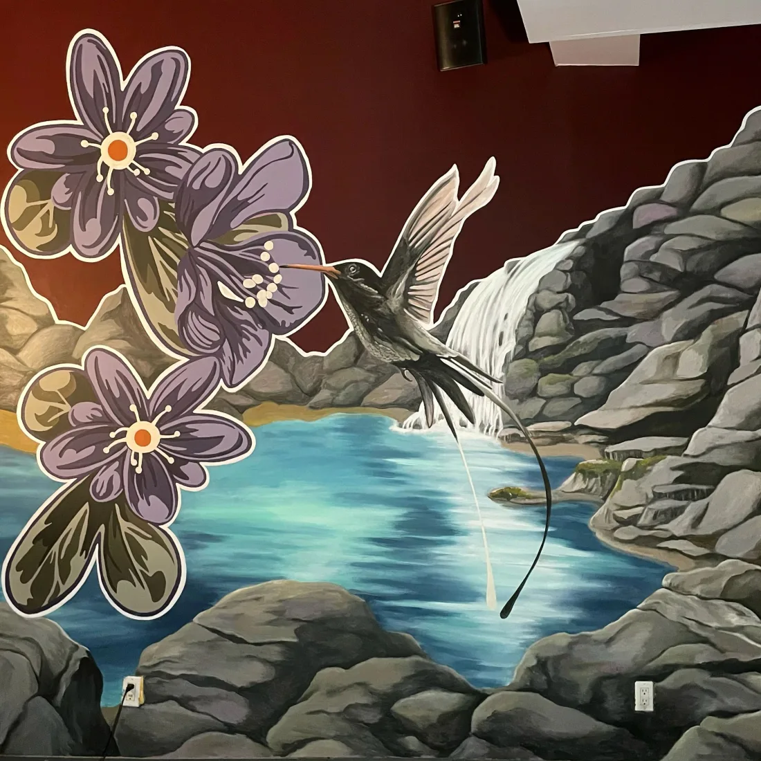 Hummingbird and waterfall nature mural