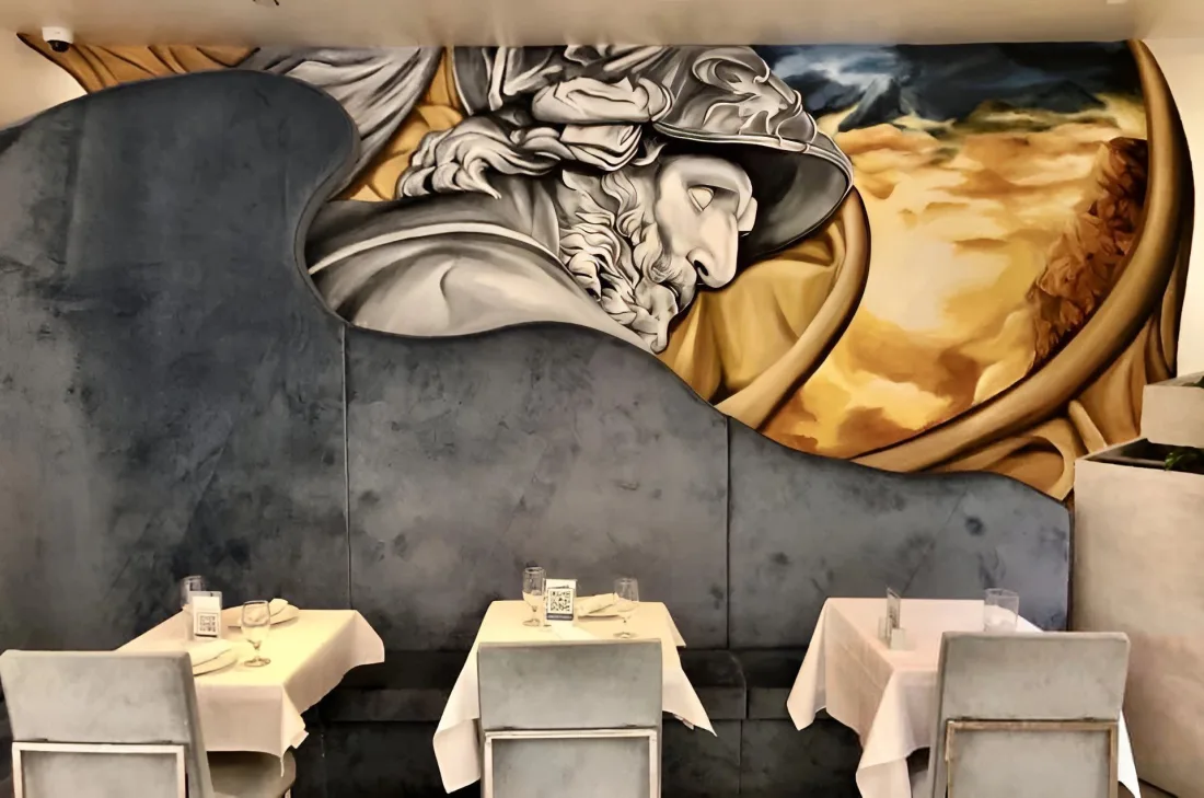 Hand-painted mural in the Skorpios restaurant dining room
