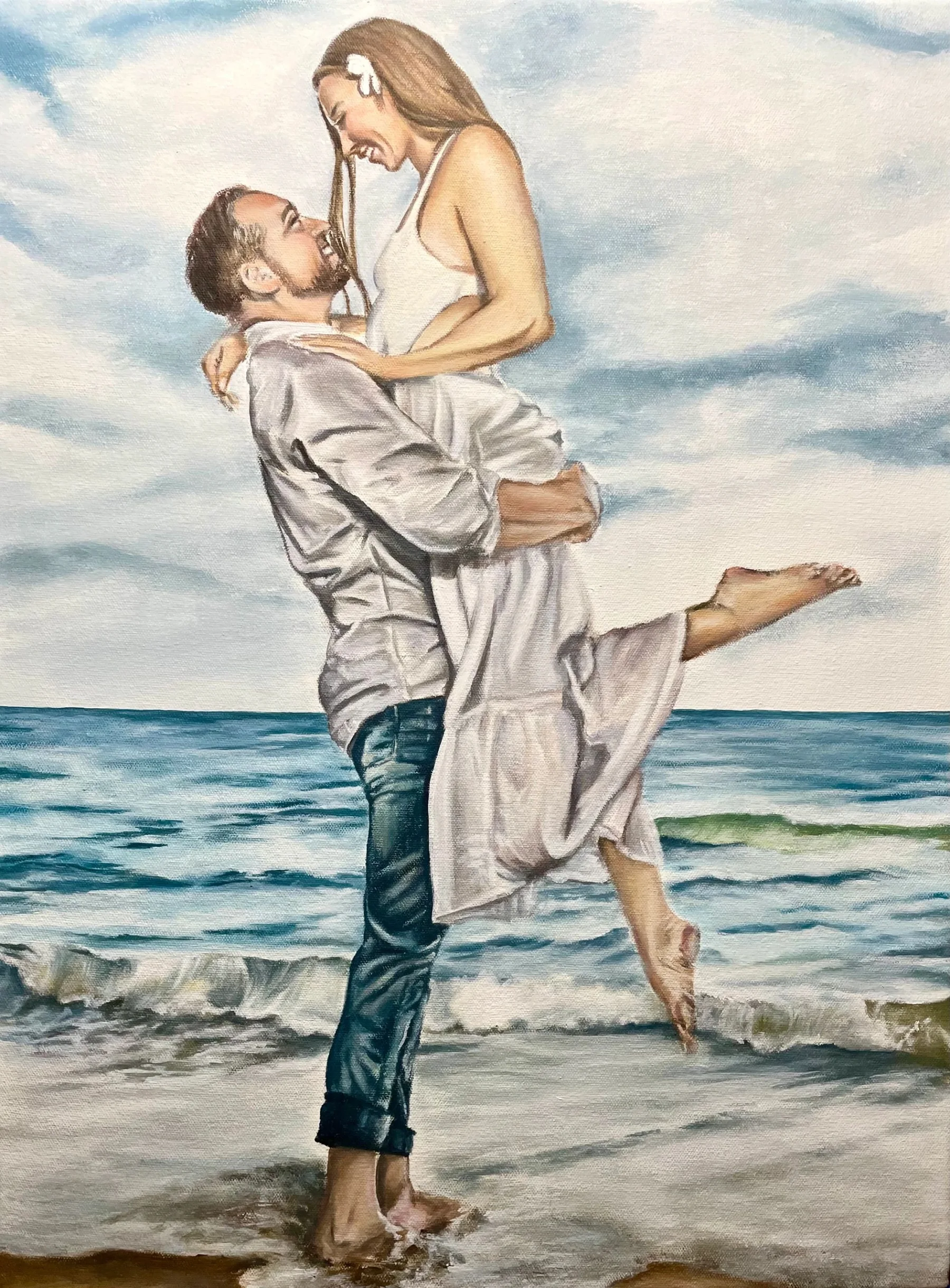 Oil painting of a couple on the beach, commissioned from a photograph